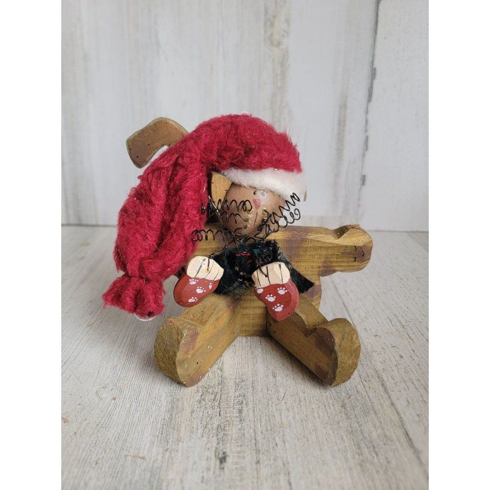 Vintage wooden Christmas Bell kitten cat figure home decor Xmas paws‎